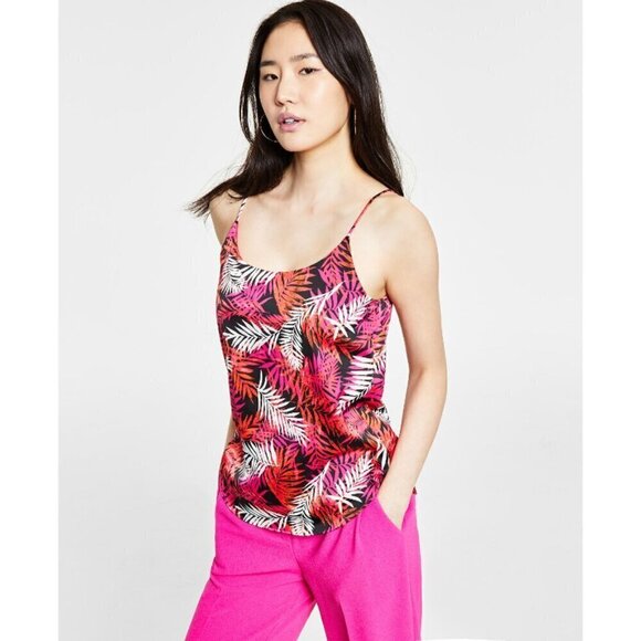 BAR III Women's Black and Pink Leaf-Print Scoop-Neck Satin Cami Top NWT - Picture 1 of 7